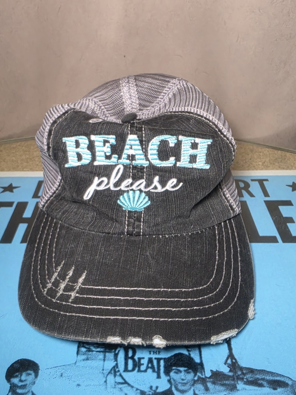 "Beach Please" Distressed Baseball Hat with Velcro Closure
